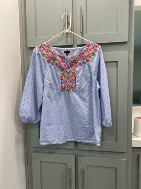 Talbots Light Blue Embroidered Peasant Blouse